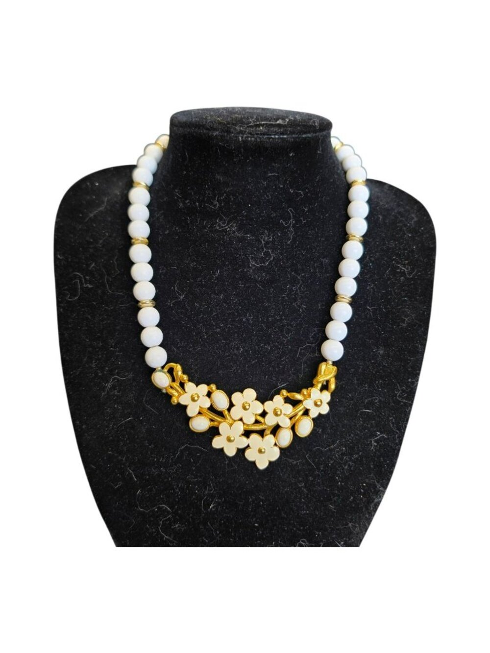 Vintage White & Gold Enamel Floral Beaded Necklace Elegant Jewelry - Picture 1 of 6